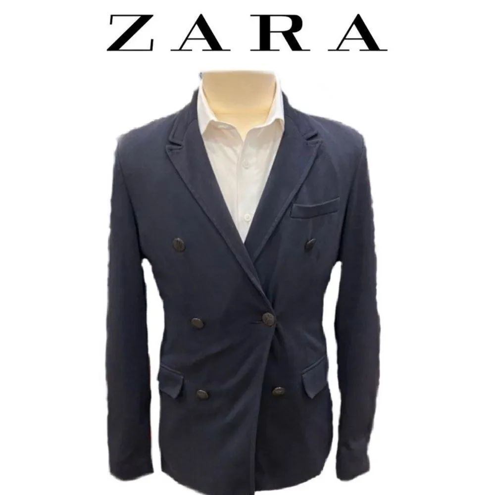 Zara Man Navy Blue Double Breasted Notch Collar Blazer Sport Coat Size Medium
